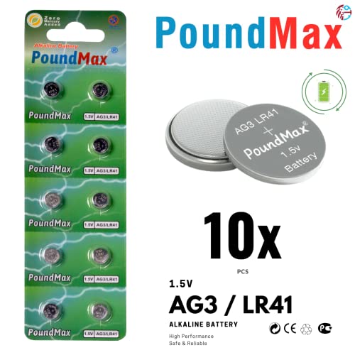 10x AG3 (LR41. LR736. 192) 1.5V - PoundMax Alkaline Button Cell Batteries | 1x 10-Pack