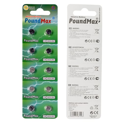 10x AG3 (LR41. LR736. 192) 1.5V - PoundMax Alkaline Button Cell Batteries | 1x 10-Pack