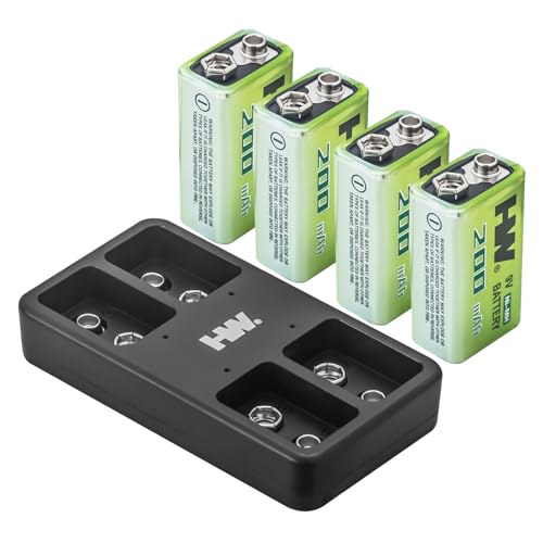 HW 4 Pack Rechargeable Ni-MH 9V Batteries with 4-Bay Charger. Pre-Charged. Recharge Up to 1000 Times. Long Lasting Batteries for Smoke Detector