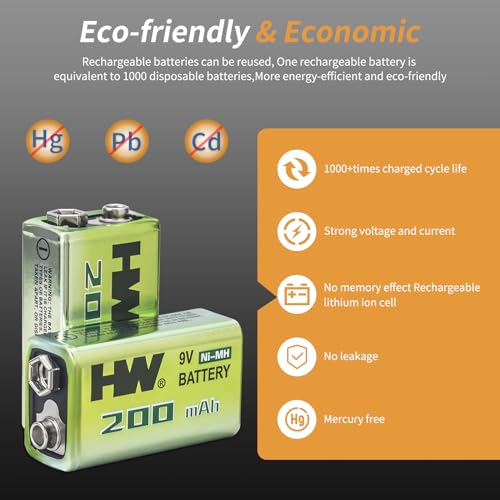 HW 4 Pack Rechargeable Ni-MH 9V Batteries with 4-Bay Charger. Pre-Charged. Recharge Up to 1000 Times. Long Lasting Batteries for Smoke Detector