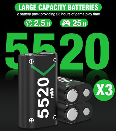 3x2550mAh Battery Pack Compatible for Xbox One/Xbox Series X/S Controller. Rechargeable Battery Packs for Xbox One S/X/One Elite Charger Battery Kit