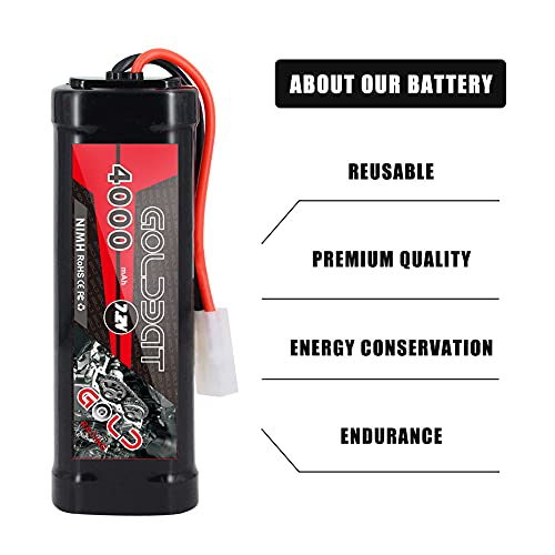 GOLDBAT 4000mAh 7.2V NiMH RC Battery with Tamiya Connector for for RC Evader BX Car Truck Truggy Buggy Tank Car Racing (4000-7.2V-Tamiya-2ack)