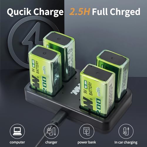 HW 4 Pack Rechargeable Ni-MH 9V Batteries with 4-Bay Charger. Pre-Charged. Recharge Up to 1000 Times. Long Lasting Batteries for Smoke Detector