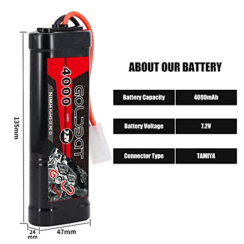 GOLDBAT 4000mAh 7.2V NiMH RC Battery with Tamiya Connector for for RC Evader BX Car Truck Truggy Buggy Tank Car Racing (4000-7.2V-Tamiya-2ack)
