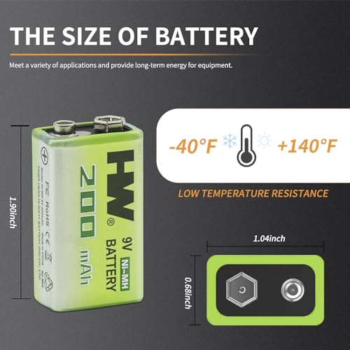 HW 4 Pack Rechargeable Ni-MH 9V Batteries with 4-Bay Charger. Pre-Charged. Recharge Up to 1000 Times. Long Lasting Batteries for Smoke Detector