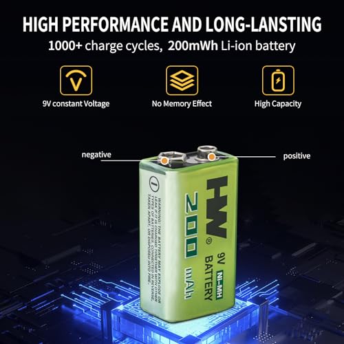 HW 4 Pack Rechargeable Ni-MH 9V Batteries with 4-Bay Charger. Pre-Charged. Recharge Up to 1000 Times. Long Lasting Batteries for Smoke Detector