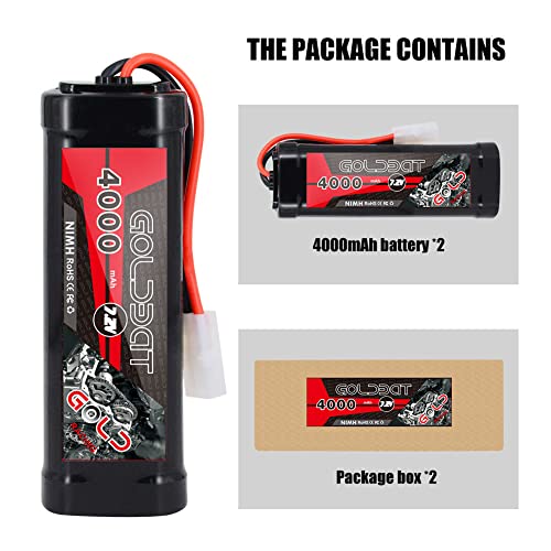GOLDBAT 4000mAh 7.2V NiMH RC Battery with Tamiya Connector for for RC Evader BX Car Truck Truggy Buggy Tank Car Racing (4000-7.2V-Tamiya-2ack)