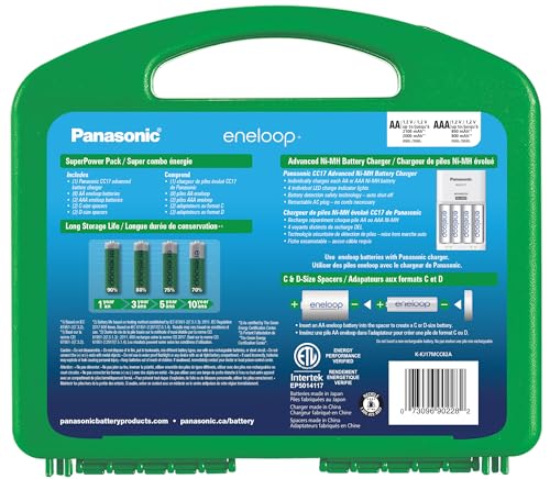 eneloop Panasonic KJ17MCC82A Power Pack. 8AA. 2AAA. 2 C Adapters. 2 D Adapters. Advanced Individual Battery Charger and Plastic Storage Case