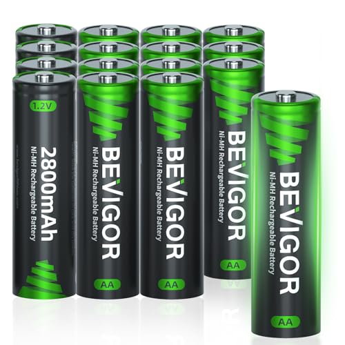 BEVIGOR AA Batteries. 2800 mAh 1.2 V Battery High Capacity AA NiMH Rechargeable Batteries. Pack of 16. Pre-Charged